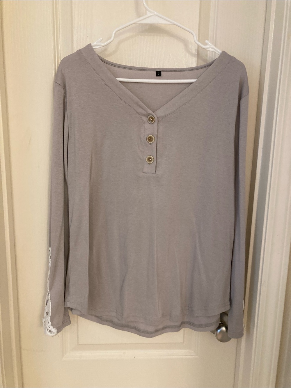 Light Gray Long-Sleeve V-Neck Top with Button Detail